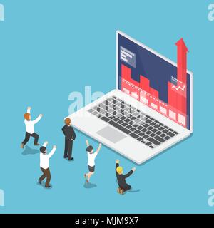 Flat 3d isometric business people happy when graph growth up through laptop monitor. Business success concept. Stock Vector