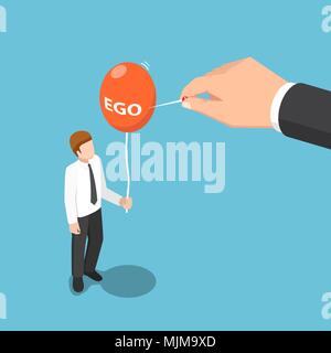 Flat 3d isometric big hand use needle to destroy ego balloon of businessman. Ego concept. Stock Vector