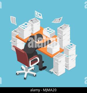 Flat 3d isometric tired businessman asleep at office desk with the pile of paper document. Work hard concept. Stock Vector