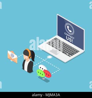 Flat 3d isometric laptop with contact us symbol and icon. Business support and customer service concept. Stock Vector