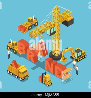 Flat 3d isometric construction site vehicles buildding BRAND word. Business brand building concept. Stock Vector