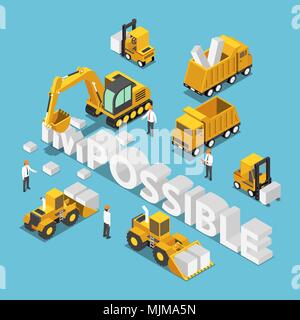 Flat 3d isometric construction site vehicle destroy and change the word impossible to possible. Business solution concept. Stock Vector