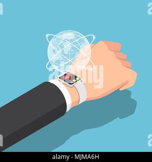 Flat 3d isometric businessman with smartwatch on his wrist and virtual world. Business and technology concept. Stock Vector