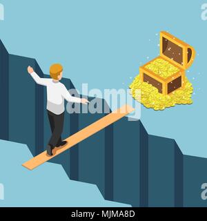 Flat 3d isometric businessman walking on small bridge over abyss to the treasure box. High risk High return. Business risk concept. Stock Vector