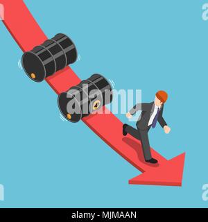 Flat 3d isometric businessman running away from falling oil barrels on the red graph. Decreasing of oil price and petroleum industry concept. Stock Vector