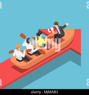 Flat 3d isometric businessman rowing team going forward on red arrow. Teamwork and business success concept. Stock Vector