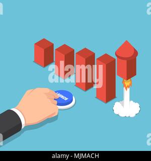 Flat 3d isometric businessman launching rocket to increase graph. Business growth concept. Stock Vector