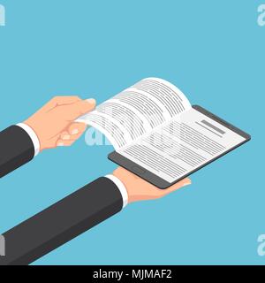 Flat 3d isometric businessman hands open ebook on digital tablet. E-book and e-learning concept. Stock Vector