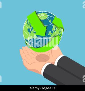 Flat 3d isometric businessman hands holding The World with recycle arrow. Ecology and recycle concept. Stock Vector