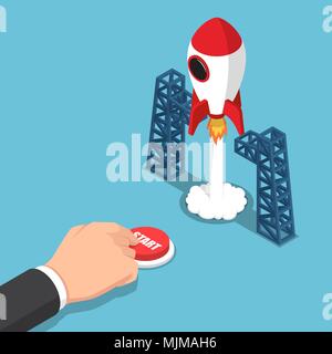 Flat 3d isometric businessman hand presses start button to launches a space rocket. Business start up concept. Stock Vector