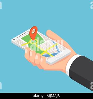 Flat 3d isometric businessman hand holding smartphone with pinpoint on the map application. Mobile gps map navigation concept. Stock Vector