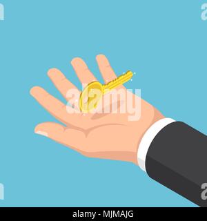 Flat 3d isometric businessman hand holding golden key. Key to business success concept. Stock Vector