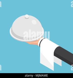 Flat 3d isometric businessman hand holding cloche and tray. Business and food service concept. Stock Vector