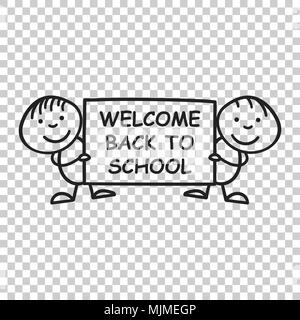 Back to school placard in hands icon. Vector illustration on isolated transparent background. Business concept hand drawn welcome school pictogram. Stock Vector