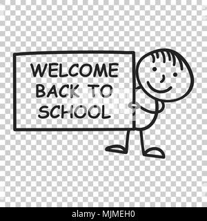 Back to school placard in hands icon. Vector illustration on isolated transparent background. Business concept hand drawn welcome school pictogram. Stock Vector