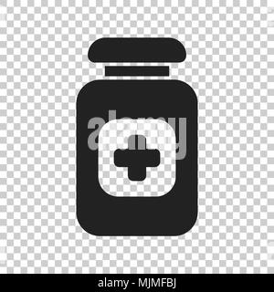 Pill vector icon in flat style. Tablet illustration on isolated transparent background. Bottle medical concept. Stock Vector