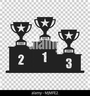 Winners podium with trophy icon in flat style. Pedestal illustration on isolated transparent background. Gold, silver and bronze award sign concept. Stock Vector