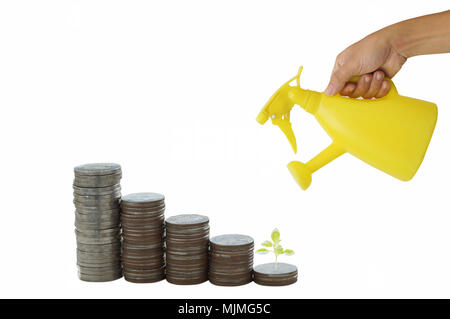 hand holding yellow watering can with pile of money coins and small tree isolated on white background,concept in safe, account and finance of business Stock Photo