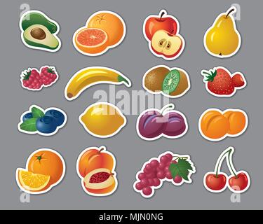 illustration of stickers of fresh fruits and berries Stock Vector