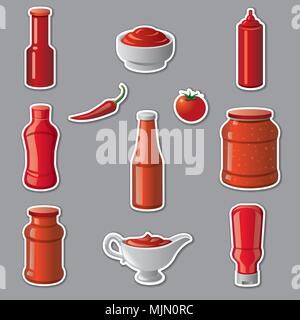 illustration of set tomato ketchups and sauces stickers Stock Vector