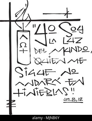 Hand drawn vector illustration or drawing of a religious phrase in spanish that means: I am the light of the world, who follows me, will not walk in d Stock Vector