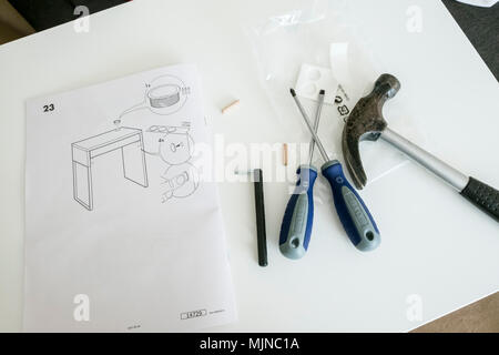 Ikea self assembly furniture instructions and tools Stock Photo