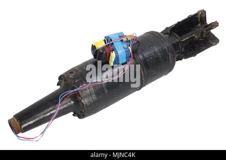 IED (improvised explosive device) with 125mm USSR Tank HEAT Projectile isolated on white background Stock Photo