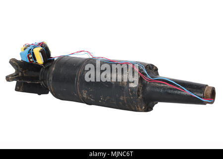 IED (improvised explosive device) with 125mm USSR Tank HEAT Projectile isolated on white background Stock Photo