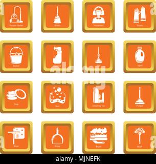 Cleaning tools icons set orange square vector Stock Vector