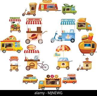 Street food kiosk icons set, cartoon style Stock Vector