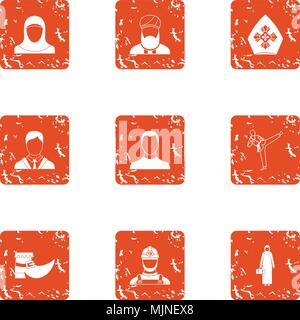 Acting person icons set, grunge style Stock Vector
