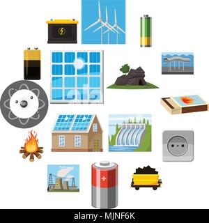 Energy sources items icons set, cartoon style Stock Vector