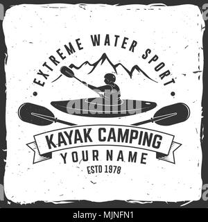 Kayak camping. Vector illustration. Concept for shirt, print, stamp or tee. Vintage typography design with mountain and kayaker silhouette. Extreme wa Stock Vector