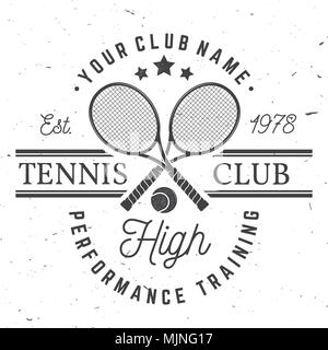 Tennis club badge. Vector illustration. Concept for shirt, print, stamp or tee. Vintage typography design with tennis racket and ball silhouette. Stock Vector