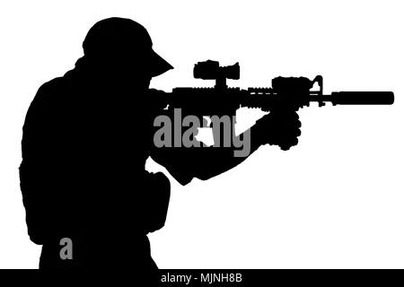 special forces operator with assault rifle black silhouette Stock Photo