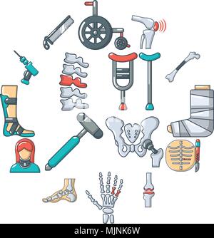 Orthopedist bone tools icons set, cartoon style Stock Vector
