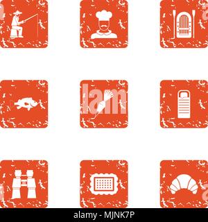 Cool fishing icons set, grunge style Stock Vector