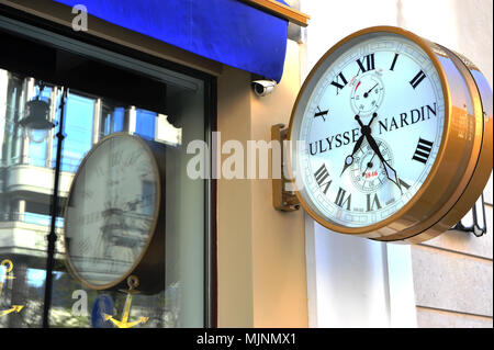 MOSCOW RUSSIA MAY 02 Logo of Ulysse Nardin flagship store