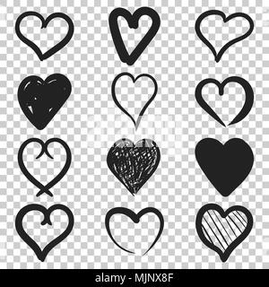 Set of the hand drawn hearts vector icon. Love sketch doodle heart illustration. Handdrawn valentine concept on isolated transparent background. Stock Vector
