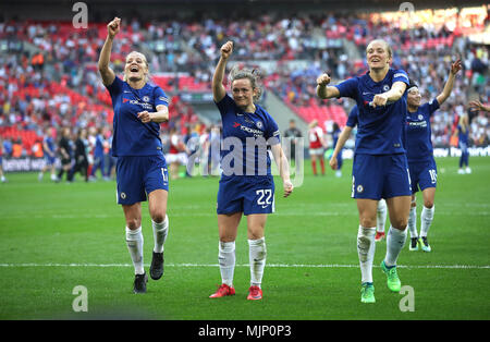 Chelsea Ladies' Katie Chapman (left) and Erin Cuthbert (centre), Magdalena Eriksson (right) celebrate after the final whistle during the SSE Women's FA Cup Final at Wembley Stadium, London. PRESS ASSOCIATION Photo. Picture date: Saturday May 5, 2018. See PA story SOCCER Women Final. Photo credit should read: Adam Davy/PA Wire. RESTRICTIONS: No use with unauthorised audio, video, data, fixture lists, club/league logos or 'live' services. Online in-match use limited to 75 images, no video emulation. No use in betting, games or single club/league/player publications. Stock Photo