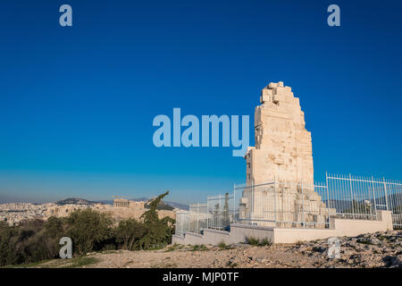 The Philpappos monument in Athens Greece. An ancient Greek mausoleum dedicated to Philopappus a prince from the Kingdom of Commagene. Stock Photo