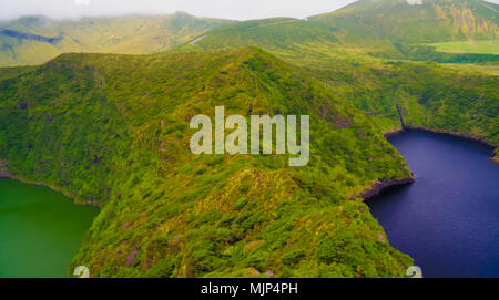 Aerial view to Comprida and Negra lakes , Flores island in Azores. Portugal Stock Photo