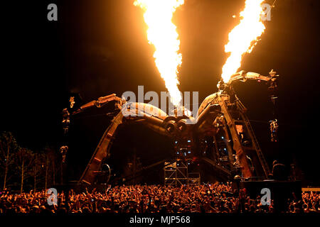 A giant, fire-breathing, 'Arcadia Spider' during the Metamorphosis show at Queen Elizabeth Park in London. Stock Photo