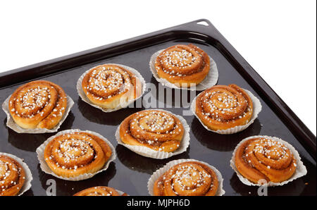 Cinnamon buns in tins of greaseproof paper on a baking tray on white. Stock Photo