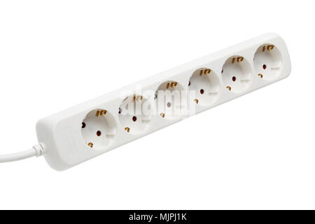 European 6-way power strip earthed isolated on white background. Stock Photo