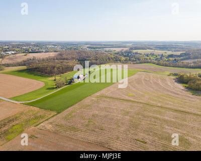 Aerial of the Small Town surrounded by farmland in Shrewsbury, Pennsylvania Stock Photo