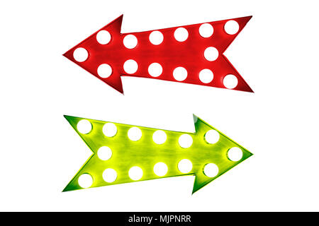 Pros and cons: red left and green right vintage retro arrows illuminated with light bulbs.  Concept image for advantages and disadvantages, for and ag Stock Photo