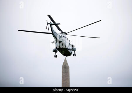 United States President Donald flies aboard Marine One as it takes off from the South Lawn of The White House on May 5, 2018 in Washington, DC. President Trump will travel to Cleveland, Ohio to speak at Public Hall ahead of state primary elections. Credit: Zach Gibson/Pool via CNP /MediaPunch Stock Photo