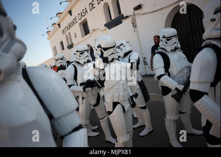 Malaga, Spain. 5th May, 2018. Members of the 501st Legion Spanish Garrison dressed as Stormtrooper from the movie saga Star Wars, prepare to start a charity parade in favour of bone marrow donation, organized by the Luis Olivares foundation. Hundreds of volunteers from the 501st Legion Spanish Garrison, an association that promote the hobby for the movie Star Wars and contribute in solidarity causes, took the main streets in downtown MÃ¡laga with the objective of encourage the bone marrow donation and the fight against cancer. Credit: Jesus Merida/SOPA Images/ZUMA Wire/Alamy Live News Stock Photo