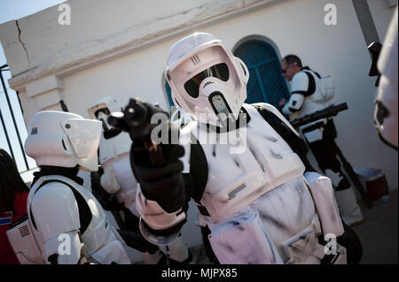 Malaga, Spain. 5th May, 2018. A member of the 501st Legion Spanish Garrison dressed as Stormtrooper from the movie saga Star Wars, performs during a charity parade in favour of bone marrow donation, organized by the Luis Olivares foundation. Hundreds of volunteers from the 501st Legion Spanish Garrison, an association that promote the hobby for the movie Star Wars and contribute in solidarity causes, took the main streets in downtown MÃ¡laga with the objective of encourage the bone marrow donation and the fight against cancer. Credit: Jesus Merida/SOPA Images/ZUMA Wire/Alamy Live News Stock Photo
